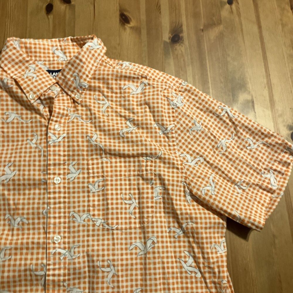 Lands End Mens Orange Gingham Seagull Print Cotton Short Sleeve Shirt Large L